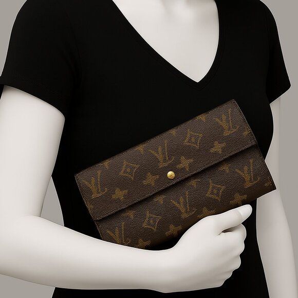 Louis Vuitton Brown Monogram Leather LV Sarah Wallet – Classic Flap Snap 7.5"x4" - Picture 1 of 17